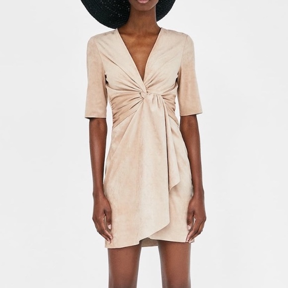 Zara basics beige suede wrap dress - Picture 1 of 4